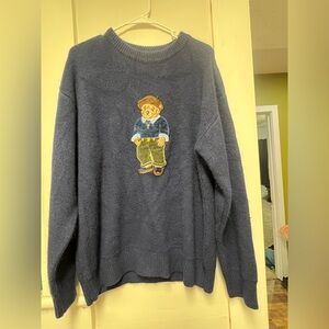 Men's Classic Blue Crewneck Sweater with Bear Motif